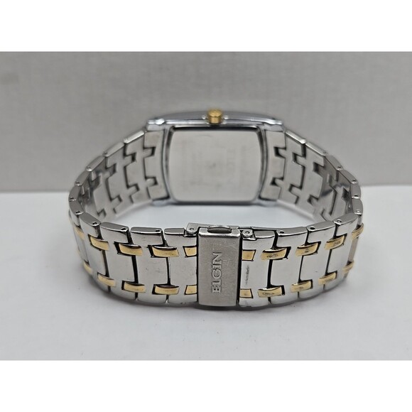 Mens Elgin Two Tone Rectangle Tank Quartz Watch Diamond Accent 33mm New Battery - Picture 8 of 11